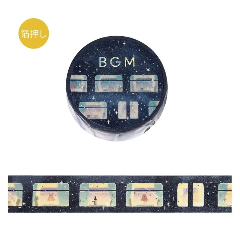 BGM Foil Stamping Masking Tape – Life: Sleeper Train in the Stars 15mm washi tape roll designed with a magical night train and shimmering stars.