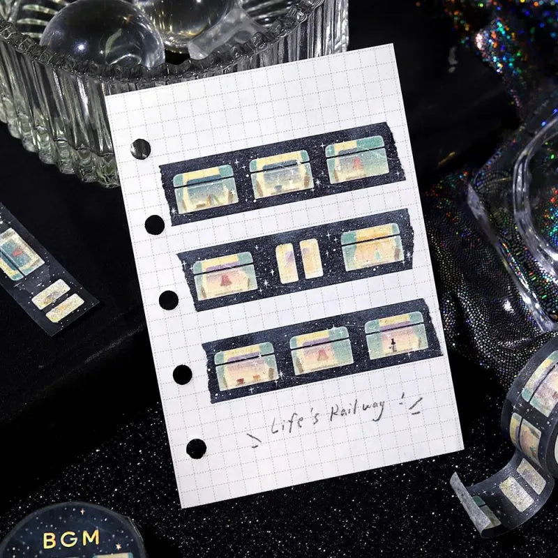 BGM Foil Stamping Masking Tape – Life: Sleeper Train in the Stars 15mm washi tape roll designed with a magical night train and shimmering stars.