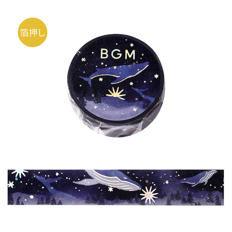 BGM Foil Stamping Masking Tape Life – Whale Crossing the Starry Sea featuring a majestic whale swimming through a starry night sky with shimmering foil details, perfect for journaling, scrapbooking, and creative decoration.