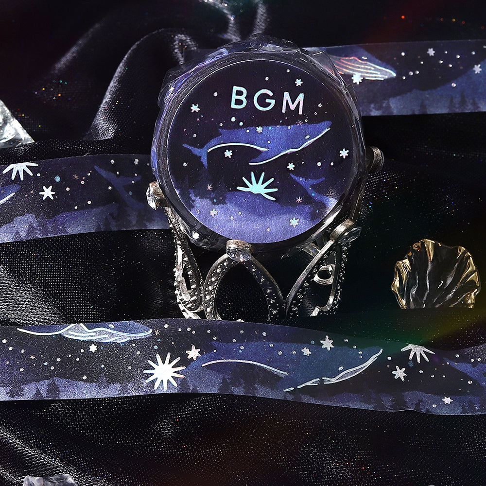 BGM Foil Stamping Masking Tape Life – Whale Crossing the Starry Sea featuring a majestic whale swimming through a starry night sky with shimmering foil details, perfect for journaling, scrapbooking, and creative decoration.