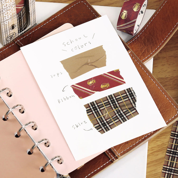 Washi tape set in caramel plaid and striped school-inspired patterns with foil stamping.