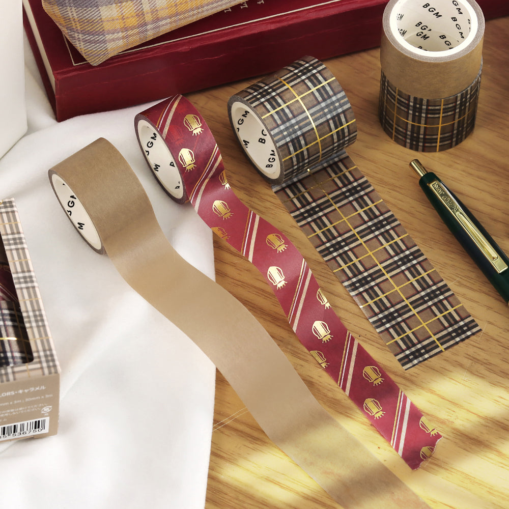 Washi tape set in caramel plaid and striped school-inspired patterns with foil stamping.