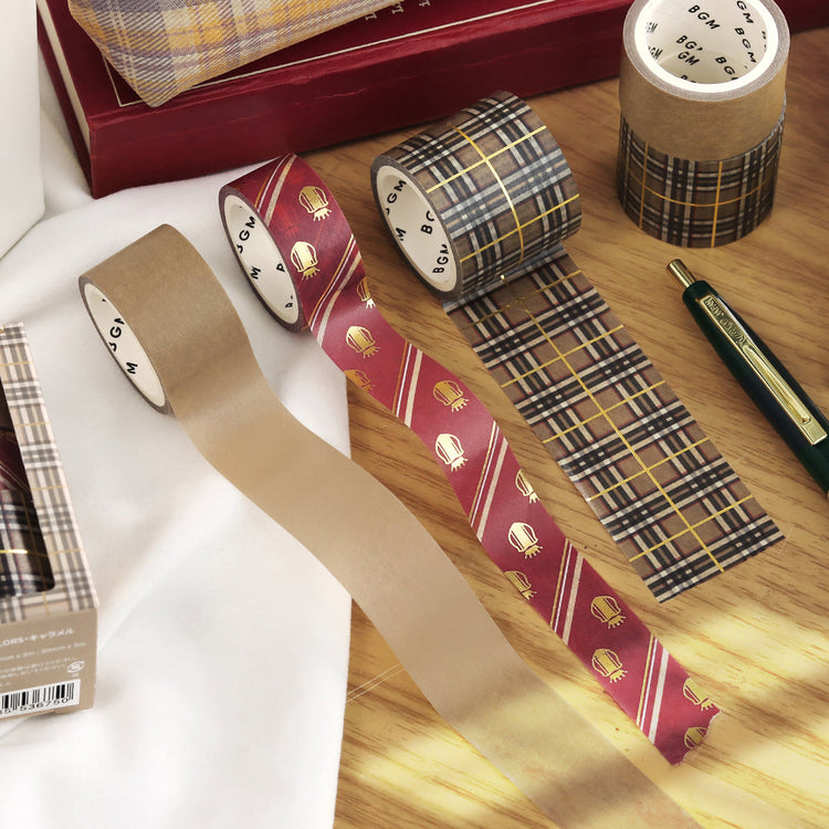 Washi tape set in caramel plaid and striped school-inspired patterns with foil stamping.