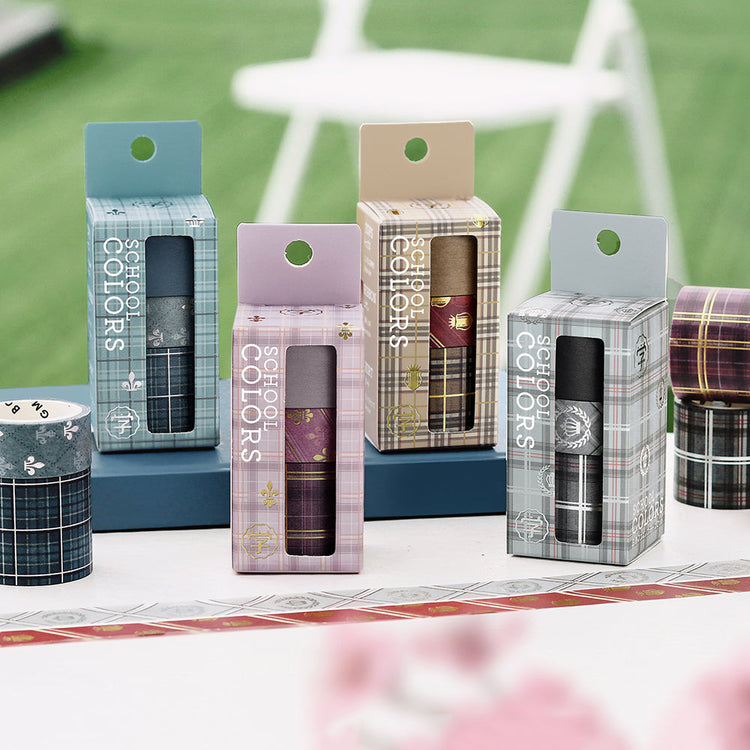 Washi tape set in caramel plaid and striped school-inspired patterns with foil stamping.