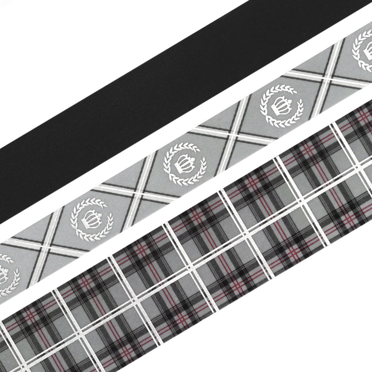 Washi tape set in gray plaid and stripe school-style designs with foil stamping.