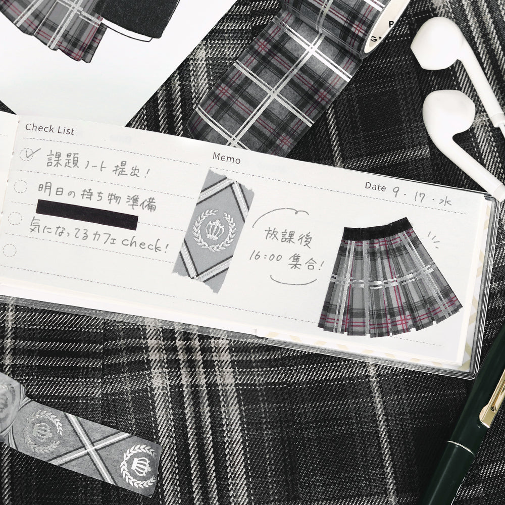 Washi tape set in gray plaid and stripe school-style designs with foil stamping.