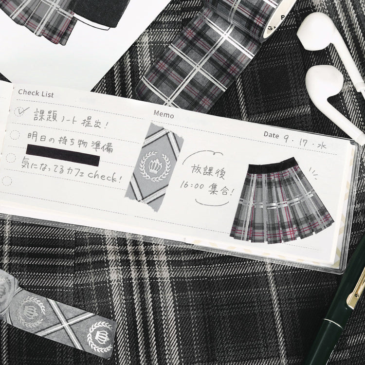 Washi tape set in gray plaid and stripe school-style designs with foil stamping.