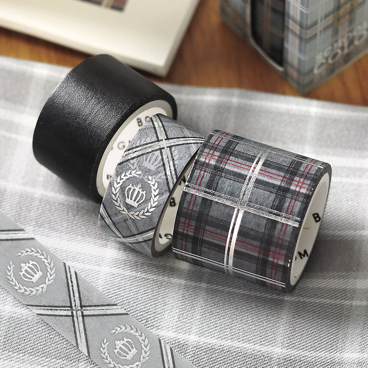 Washi tape set in gray plaid and stripe school-style designs with foil stamping.