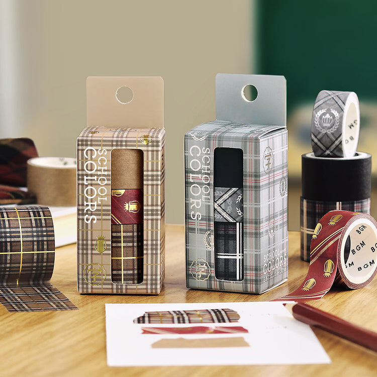 Washi tape set in gray plaid and stripe school-style designs with foil stamping.