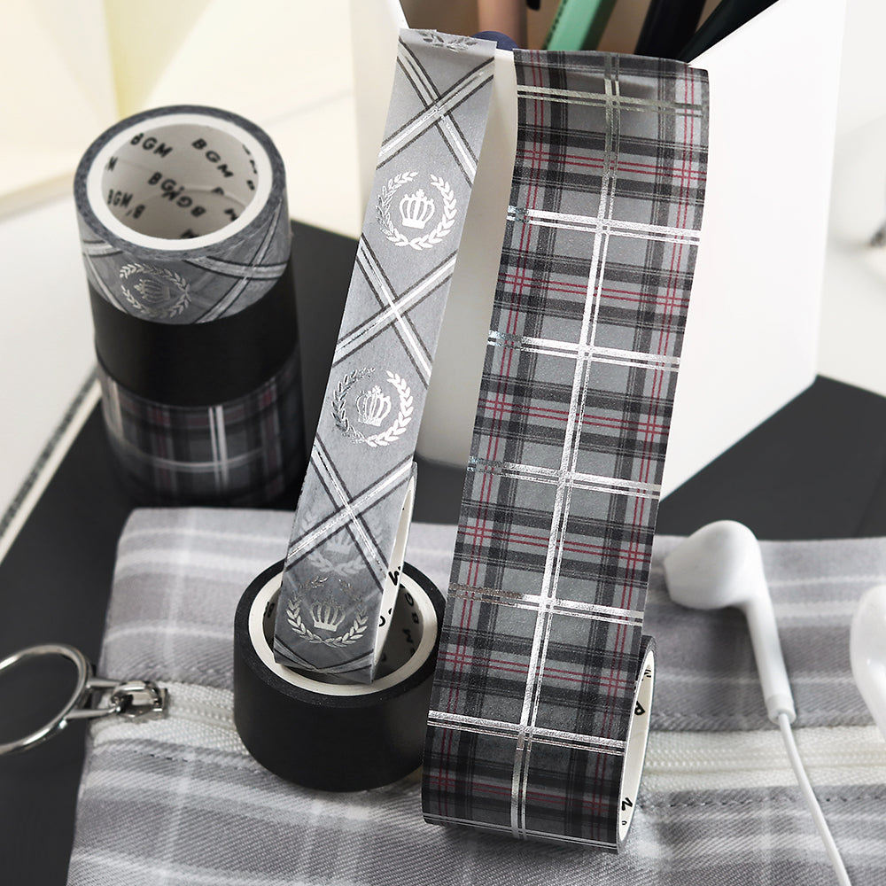Washi tape set in gray plaid and stripe school-style designs with foil stamping.
