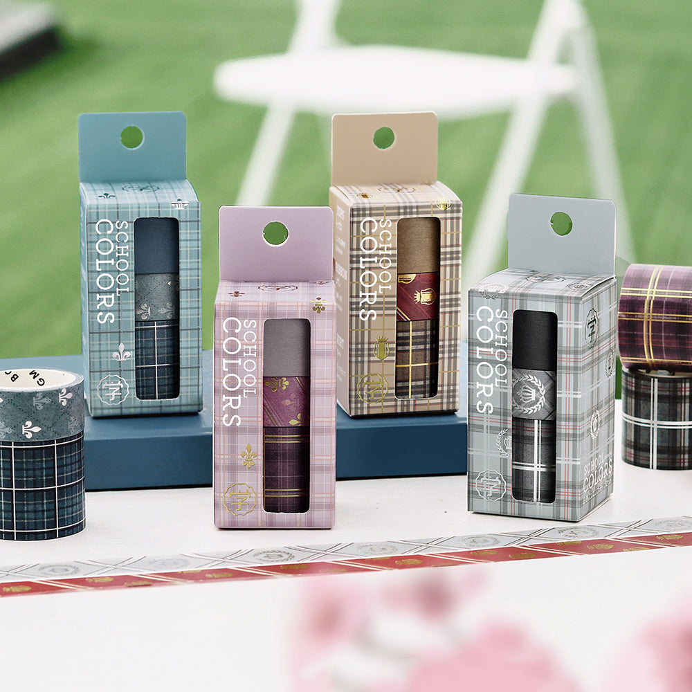 Washi tape set in gray plaid and stripe school-style designs with foil stamping.