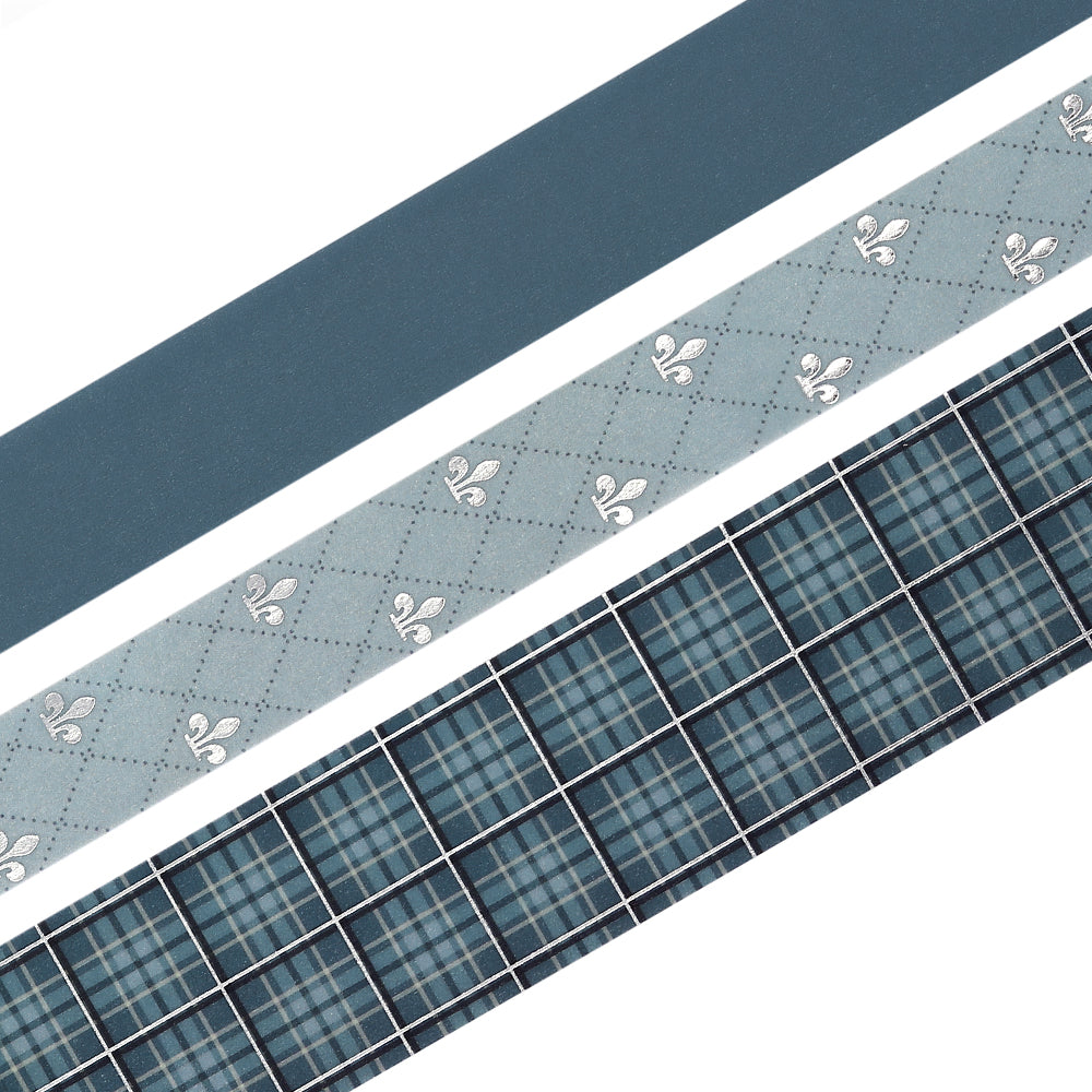 Washi tape set in blue plaid and stripe patterns with foil stamping details.
