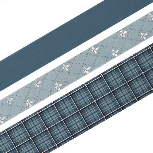 Washi tape set in blue plaid and stripe patterns with foil stamping details.