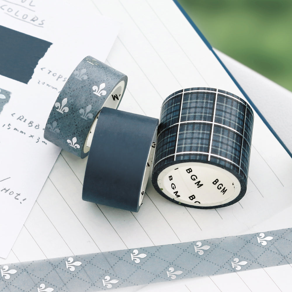 Washi tape set in blue plaid and stripe patterns with foil stamping details.