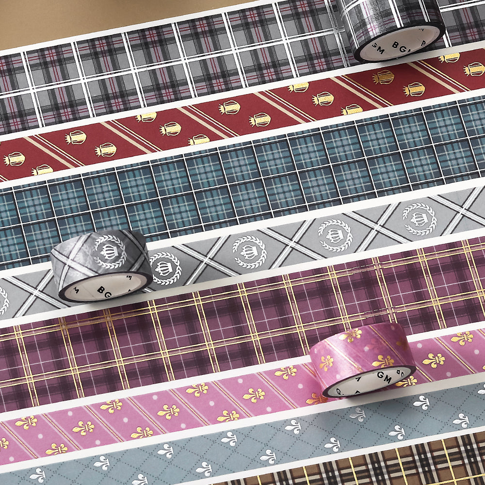 Washi tape set in blue plaid and stripe patterns with foil stamping details.