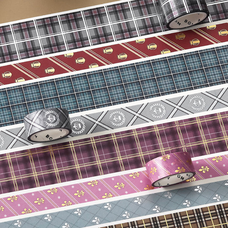 Washi tape set in blue plaid and stripe patterns with foil stamping details.