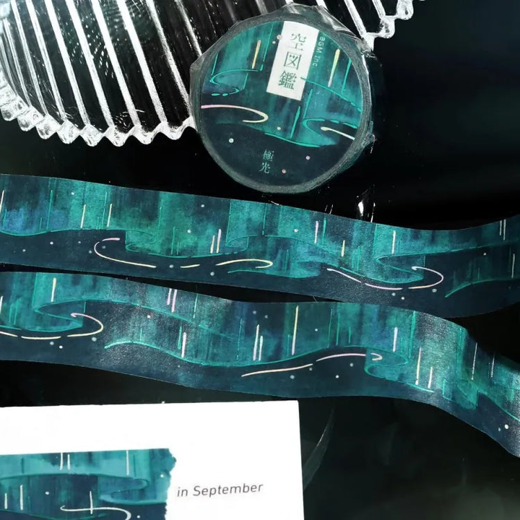 BGM Foil Stamping Masking Tape – Sky Encyclopedia: Aurora 20mm washi tape roll designed with green and teal gradients, shimmering foil light trails, and starry details. 