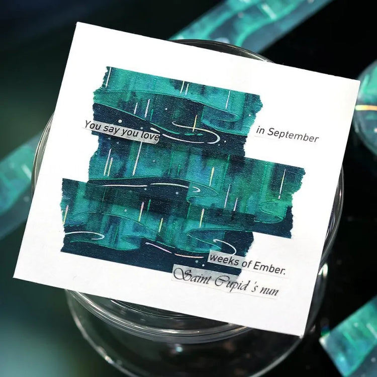 BGM Foil Stamping Masking Tape – Sky Encyclopedia: Aurora 20mm washi tape roll designed with green and teal gradients, shimmering foil light trails, and starry details. 