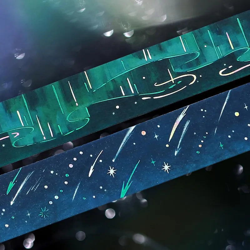 BGM Foil Stamping Masking Tape – Sky Encyclopedia: Aurora 20mm washi tape roll designed with green and teal gradients, shimmering foil light trails, and starry details. 
