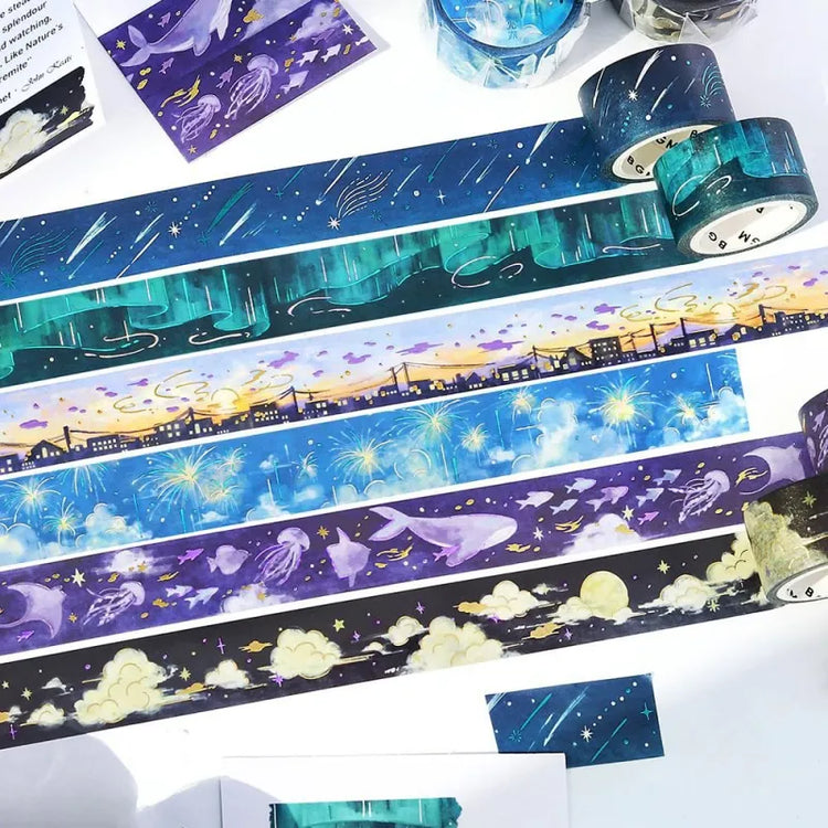 BGM Foil Stamping Masking Tape – Sky Encyclopedia 20mm washi tape series
collection showcases watercolor skyscapes adorned with delicate gold foil celestial motifs. A dreamy tribute to the ever-changing sky, from sunrise to sunset.