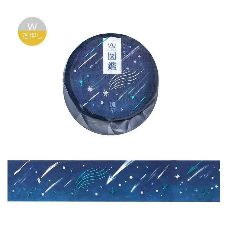 BGM Foil Stamping Masking Tape – Sky Encyclopedia: Meteor 20mm washi tape roll designed with deep night sky hues, shooting stars, and celestial accents.