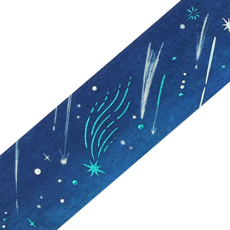 BGM Foil Stamping Masking Tape – Sky Encyclopedia: Meteor 20mm washi tape roll designed with deep night sky hues, shooting stars, and celestial accents.