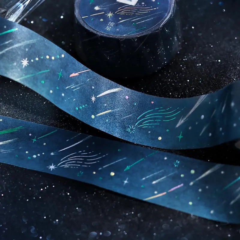 BGM Foil Stamping Masking Tape – Sky Encyclopedia: Meteor 20mm washi tape roll designed with deep night sky hues, shooting stars, and celestial accents.