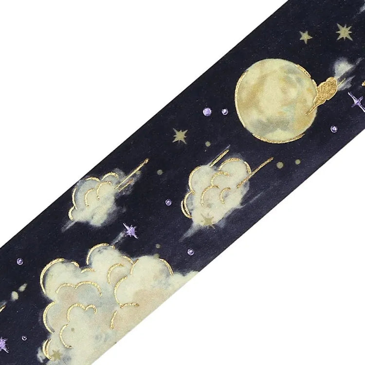 BGM Foil Stamping Masking Tape – Sky Encyclopedia: Moonlit Night 20mm washi roll tape designed with gold foil full moon, stars, and dreamy clouds on a black background.