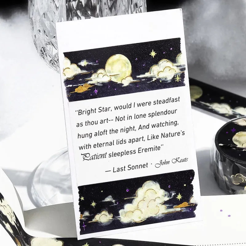 BGM Foil Stamping Masking Tape – Sky Encyclopedia: Moonlit Night 20mm washi roll tape designed with gold foil full moon, stars, and dreamy clouds on a black background.