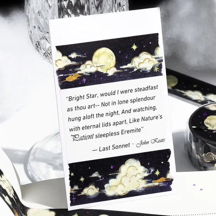 BGM Foil Stamping Masking Tape – Sky Encyclopedia: Moonlit Night 20mm washi roll tape designed with gold foil full moon, stars, and dreamy clouds on a black background.