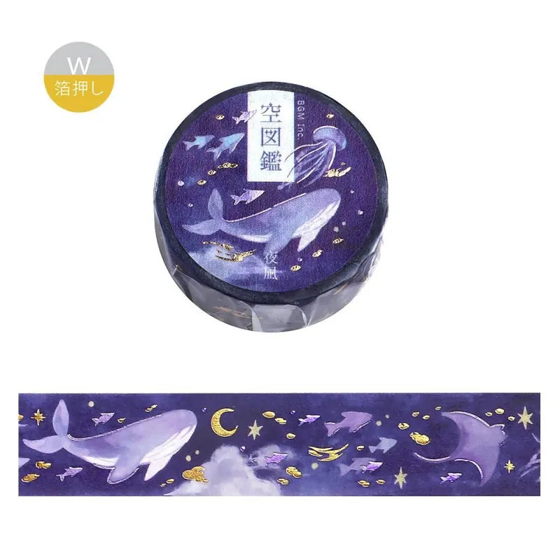 BGM Foil Stamping Masking Tape – Sky Encyclopedia: Night Calm 20mm washi tape roll designed with whales and jellyfish in a purple starry sky, accented with gold foil moons and celestial motifs.