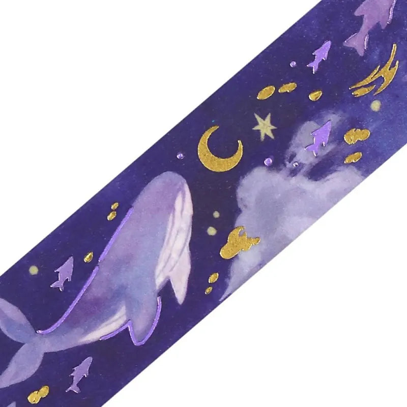 BGM Foil Stamping Masking Tape – Sky Encyclopedia: Night Calm 20mm washi tape roll designed with whales and jellyfish in a purple starry sky, accented with gold foil moons and celestial motifs.