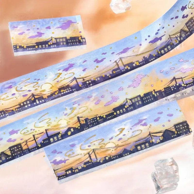 BGM Foil Stamping Masking Tape – Sky Encyclopedia: Sunset 20mm washi tape roll designed with vivid twilight hues and gold constellation foil accents.
