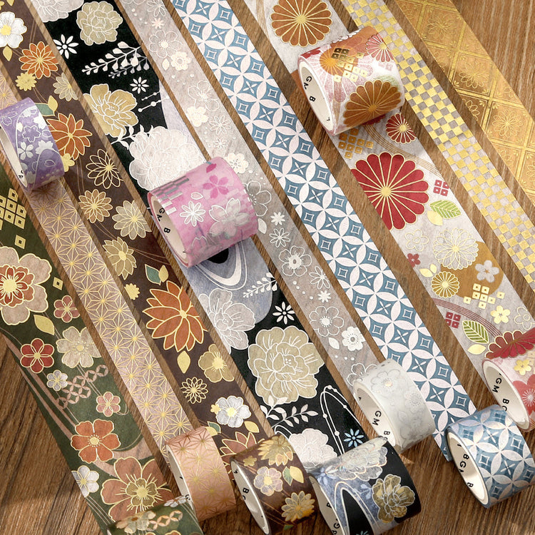 BGM Foil Stamping Masking Tape: The Color of Kimono - Deep Green – Japanese washi tape set featuring elegant deep green tones inspired by traditional kimono fabrics.