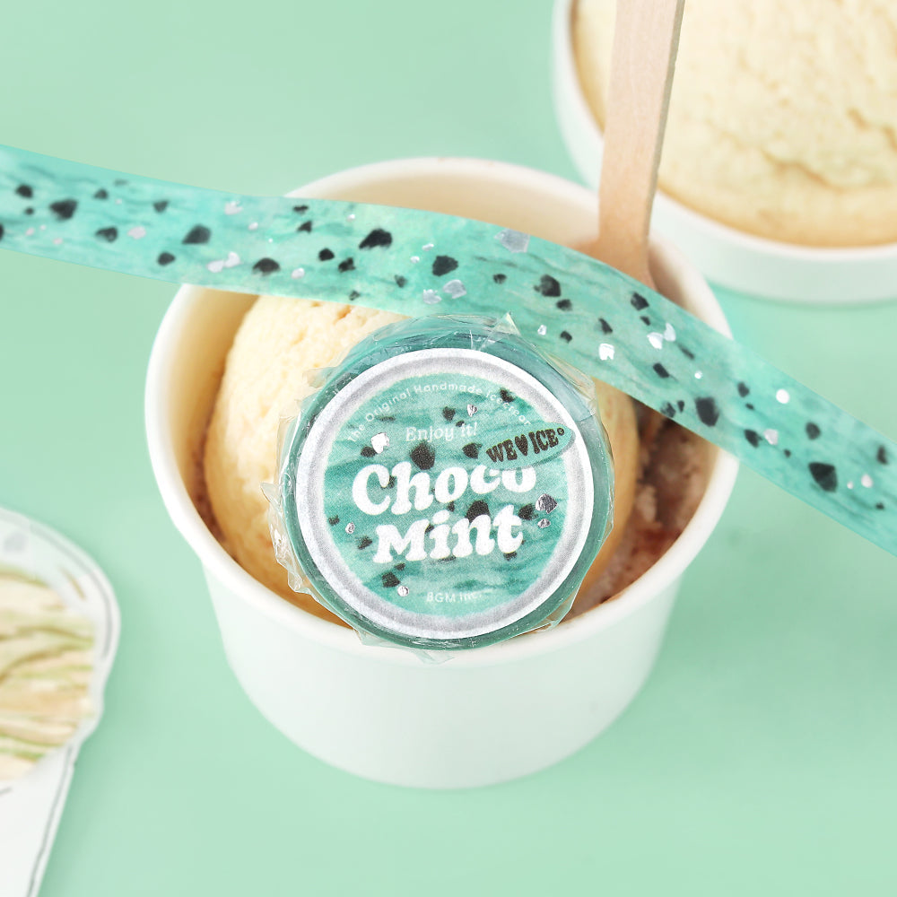 A roll of BGM washi tape in a mint green choco ice cream design with chocolate chip patterns and silver foil accents, perfect for journaling, scrapbooking, and decorating.