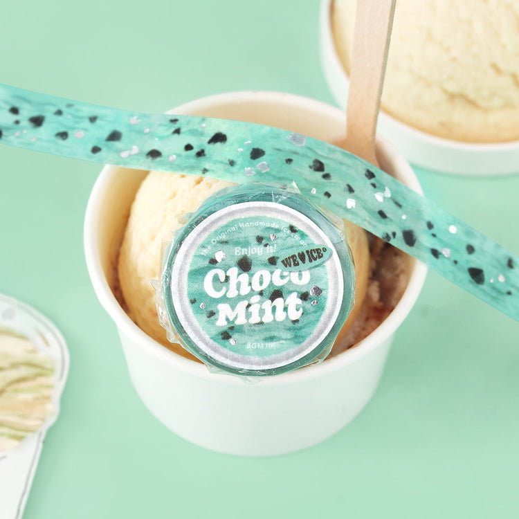 A roll of BGM washi tape in a mint green choco ice cream design with chocolate chip patterns and silver foil accents, perfect for journaling, scrapbooking, and decorating.