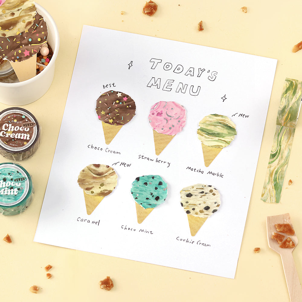 A roll of BGM washi tape in a mint green choco ice cream design with chocolate chip patterns and silver foil accents, perfect for journaling, scrapbooking, and decorating.