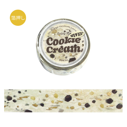 A roll of BGM washi tape in a cookies-and-cream design with foil-stamped cookie specks, styled to resemble the classic dessert, ideal for journaling and creative projects.