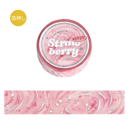 A roll of BGM washi tape in a strawberry-inspired pink design with metallic foil accents, resembling sweet ice cream patterns, ideal for journaling, scrapbooking, and creative decoration.