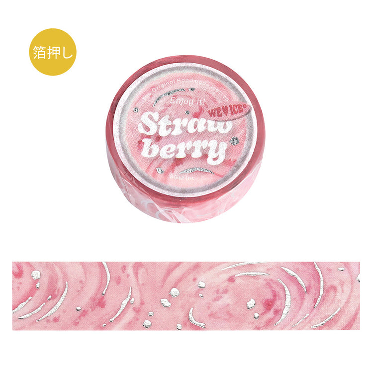 A roll of BGM washi tape in a strawberry-inspired pink design with metallic foil accents, resembling sweet ice cream patterns, ideal for journaling, scrapbooking, and creative decoration.