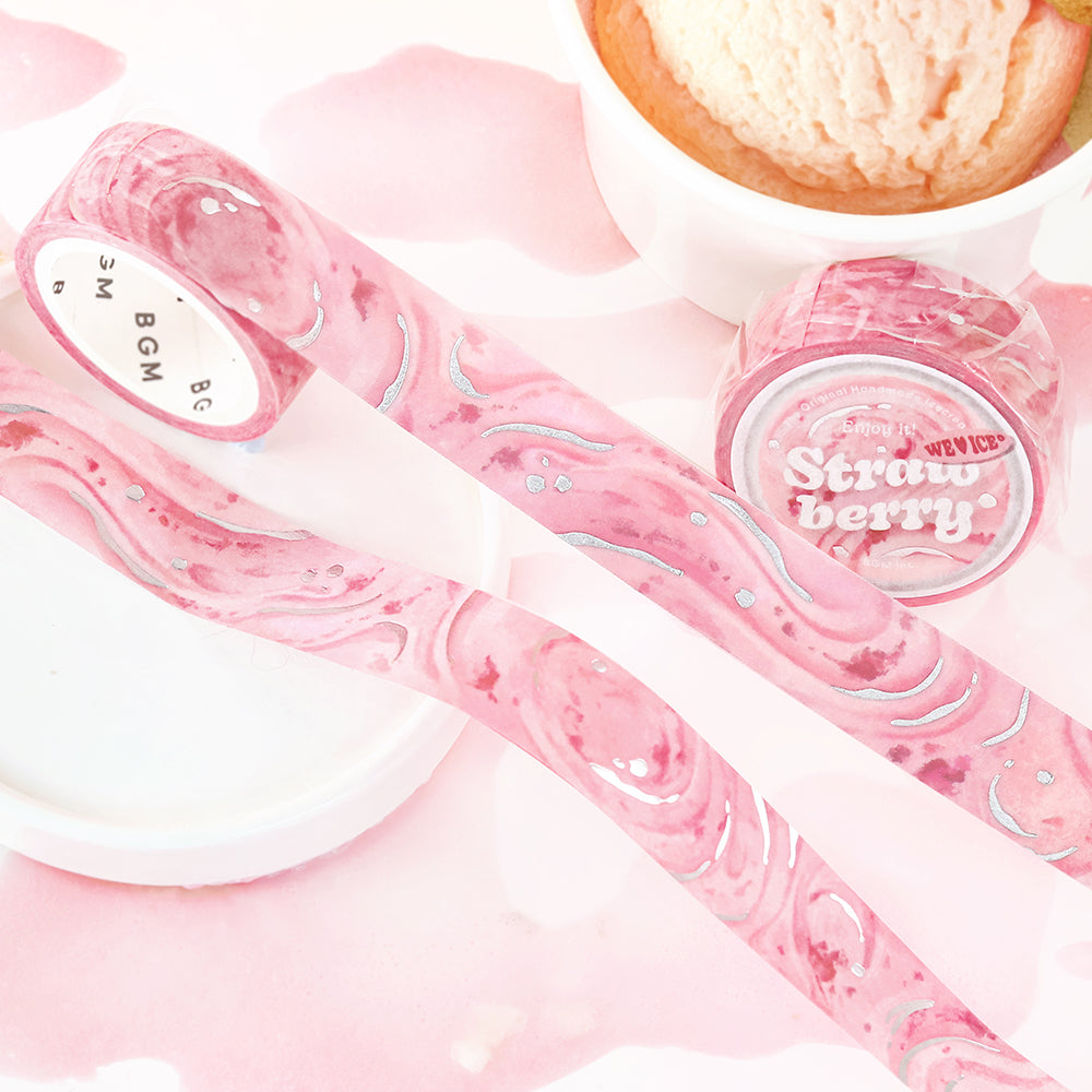 A roll of BGM washi tape in a strawberry-inspired pink design with metallic foil accents, resembling sweet ice cream patterns, ideal for journaling, scrapbooking, and creative decoration.