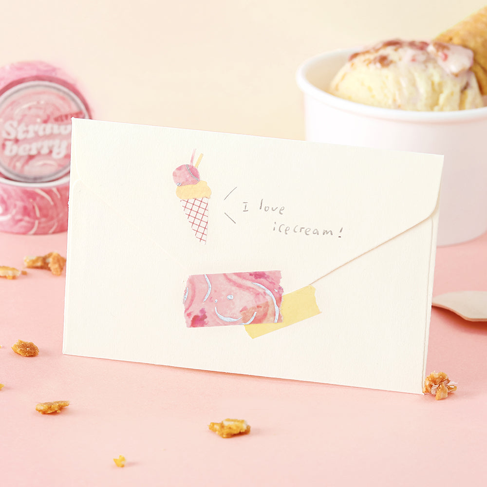 A roll of BGM washi tape in a strawberry-inspired pink design with metallic foil accents, resembling sweet ice cream patterns, ideal for journaling, scrapbooking, and creative decoration.