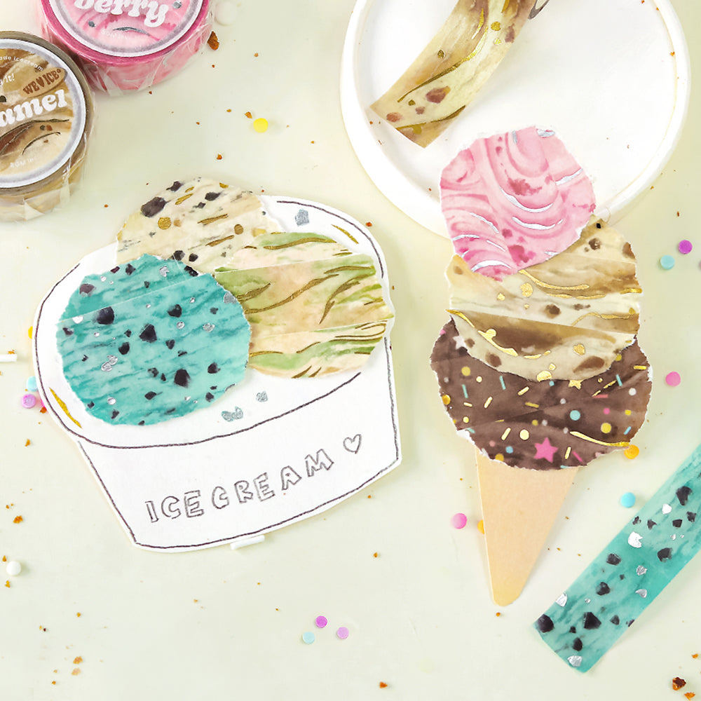 A roll of BGM washi tape in a strawberry-inspired pink design with metallic foil accents, resembling sweet ice cream patterns, ideal for journaling, scrapbooking, and creative decoration.