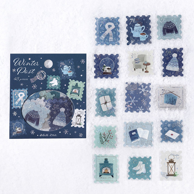 BGM Foil Stamping Winter Limited Edition Flake Seal in Winter Letter design - shimmering foil stamping ideal for decorating journals, gifts, and more, these flake seals evoke the cozy, picturesque charm of a snowy town.