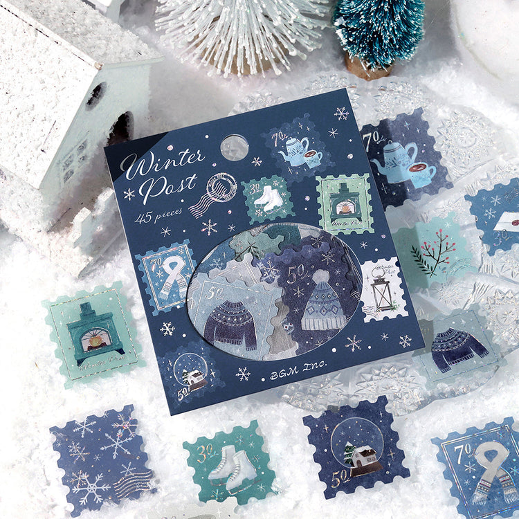 BGM Foil Stamping Winter Limited Edition Flake Seal in Winter Letter design - shimmering foil stamping ideal for decorating journals, gifts, and more, these flake seals evoke the cozy, picturesque charm of a snowy town.
