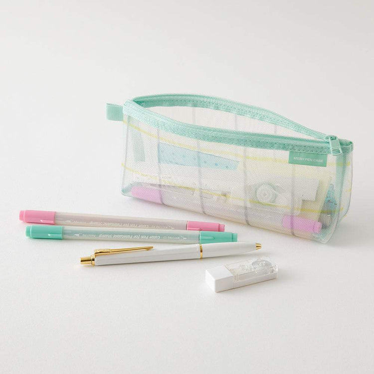 Midori Mesh Pen Case with Gusset - Check Green [Limited Edition]