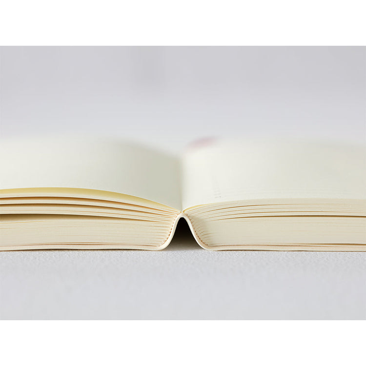 MD Notebook Diary (A6) 1 Day 1 Page 2026 with a minimalist PVC cover, featuring a year stamp on the spine, two bookmark strings, and monthly index tabs. The diary is open to reveal its premium MD PAPER with a clean, spacious layout for daily entries.