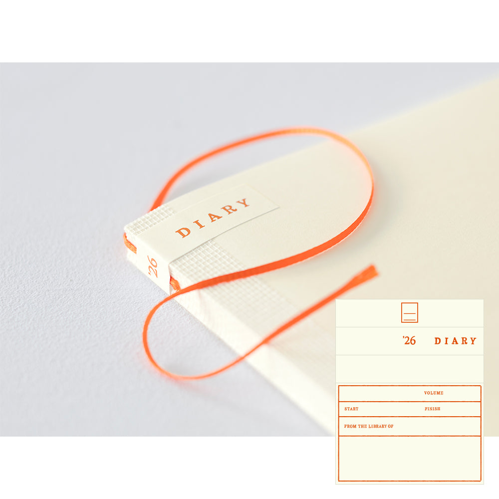 A6 MD Notebook Diary 2026 with a minimalist cream glassine paper cover, featuring monthly block schedule pages, weekly planning sections divided into eight segments, and blank memo pages. Thread-bound for 180-degree flat opening, complete with a slim bookmark string and index label.