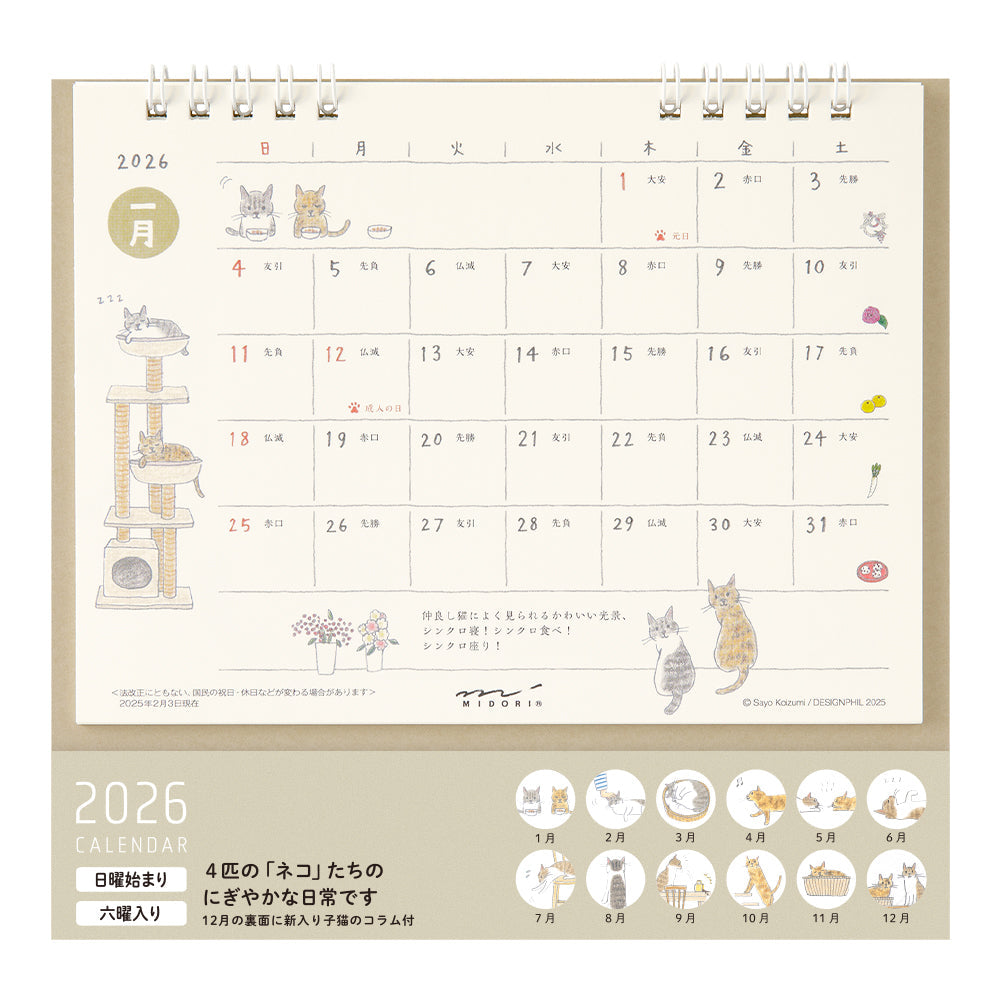 Midori Calendar Ring 2026 (M) – Cat, a freestanding desk calendar with soft, hand-drawn illustrations by Sayo Koizumi, depicting playful and cozy scenes of cats throughout the year.