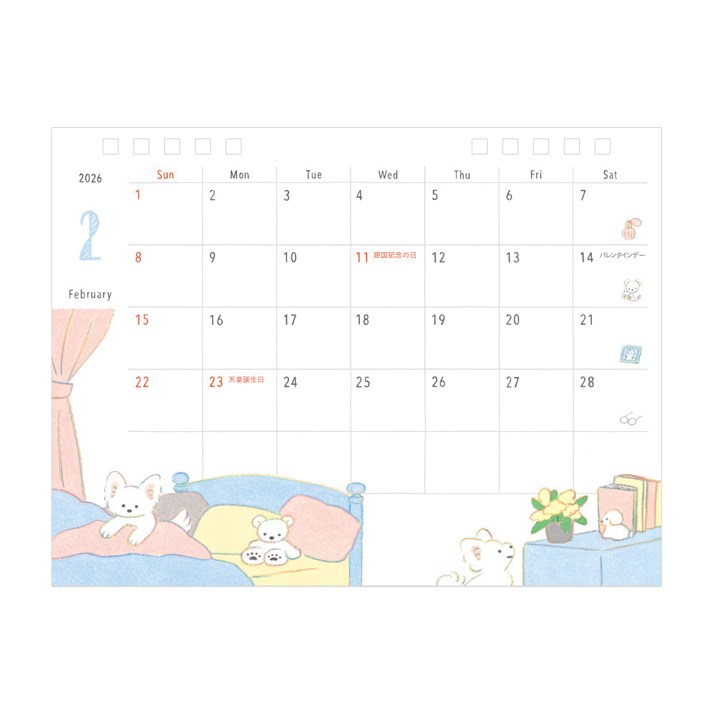 Midori Calendar Ring 2026 (M) – Dog, a compact desk calendar with colorful dog illustrations by Natsumi Teraoka, displayed upright to show its charming, hand-drawn monthly design.